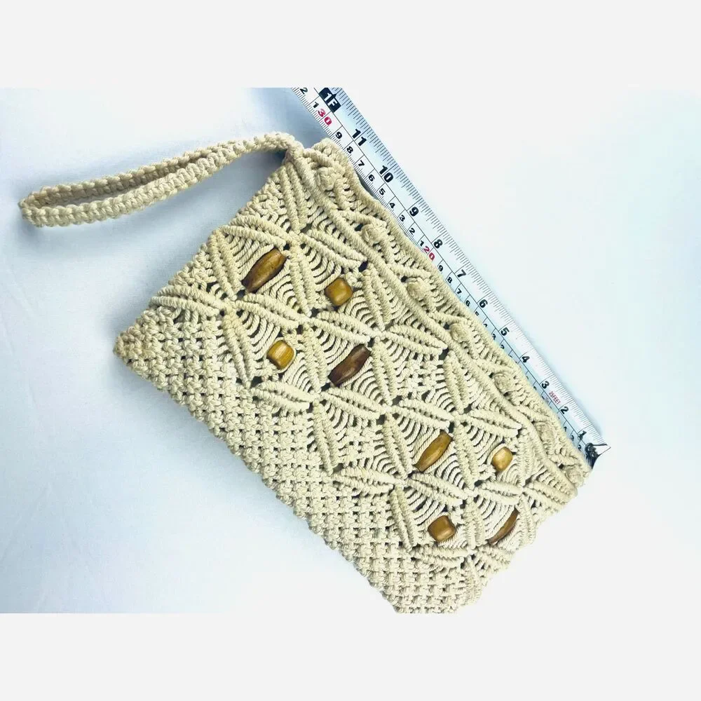 ~ Boho Macrame Wristlet Bag Clutch Purse Festival Cream Wood Beads Handbag